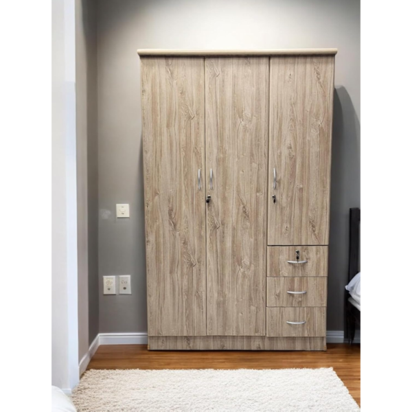 Light Oak Wooden Wardrobe with 3 Doors and Drawers